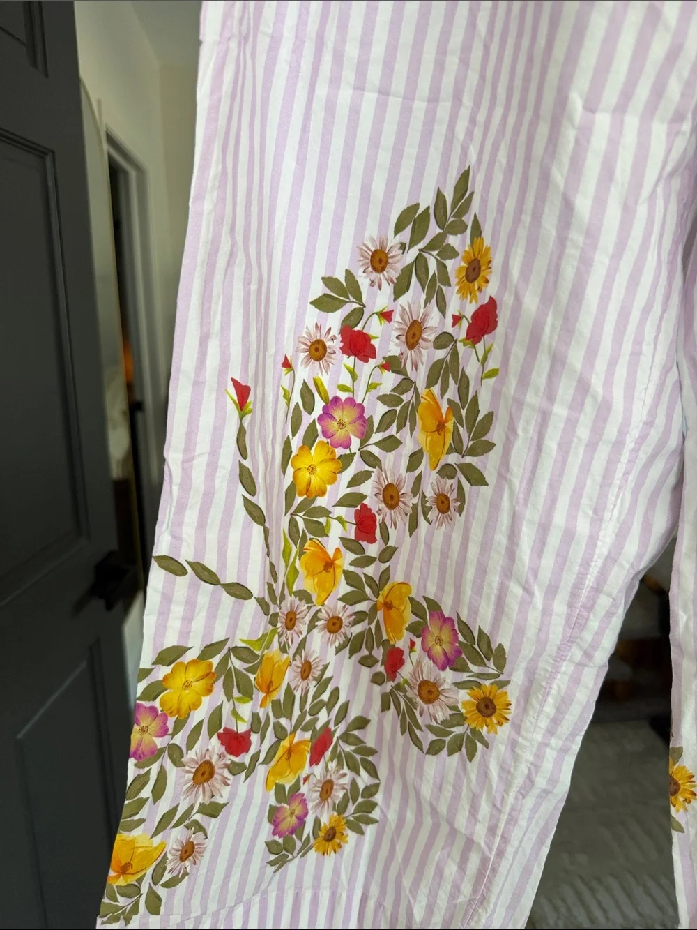 Anthropologie Floral Embroidered Pink Stripe Wide-Leg Pants. 100% cotton!